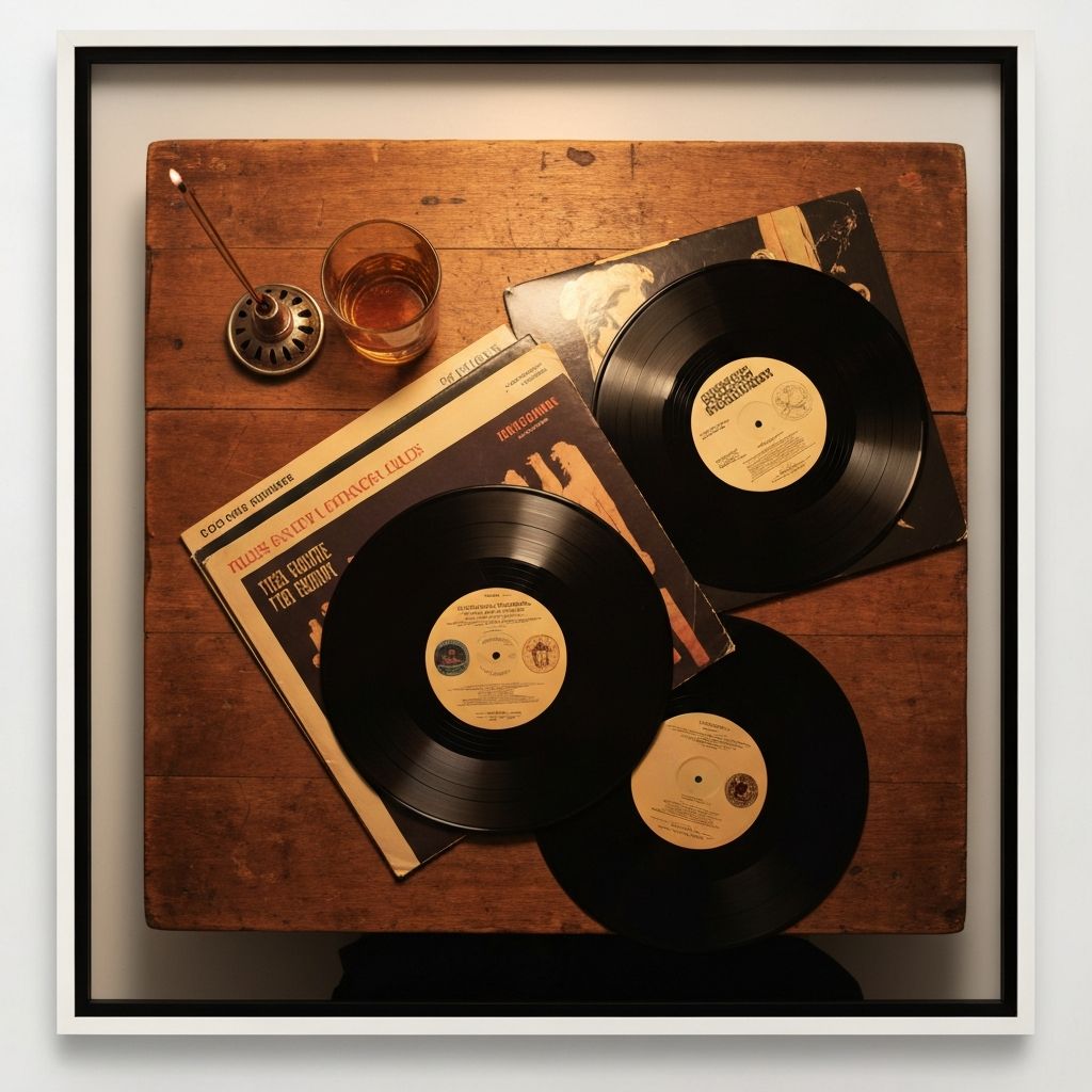 Vinyl records on a wooden table
